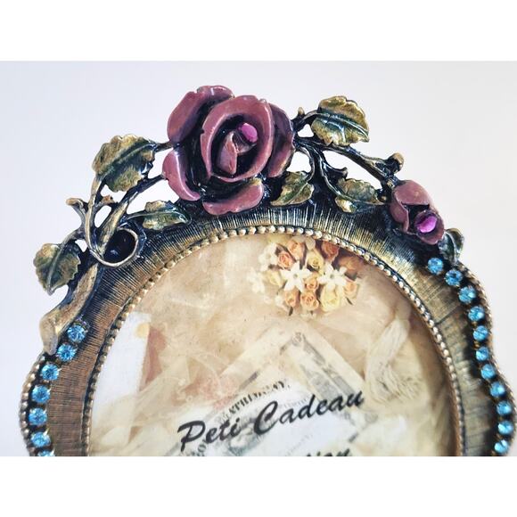 PICTURE FRAME-Vintage Matson F1782 Jeweled Roses Oval–PetiCadeau Collection-Rare - Picture 3 of 13